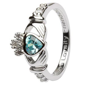 March Birthstone Silver Claddagh Ring LS-SL90-3. Made in IRELAND! - Ships from Colorado USA