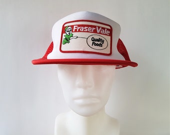 Boné trucker vintage dos anos 80 da FRASER VALE Quality Foods, vermelho, com tela e fecho ajustável - Boné promocional da Wilson, fábrica de processamento de alimentos desativada.