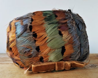 Vintage W Germany Pheasant Feather Pillbox Hat Mid Century Cocktail Brown Teal 1950s feather hat pheasant - Gem main image 2
