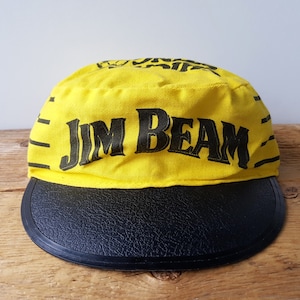 Seltener Vintage 80er Jahre CHICAGO SING Malerhut Jim Beam Sponser Nasl Fußball Sport Elastische Kappe - Verstorbenes Team Gestreifte Pillbox -Honey Bee Logo