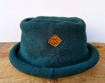 Sombrero de pescador vintage MERKLEY Headgear de forro polar verde bosque de los años 90 - Gorro de esquí cálido y de corte amplio - Hecho en Canadá - Ropa de esquí, snowboard y tabla