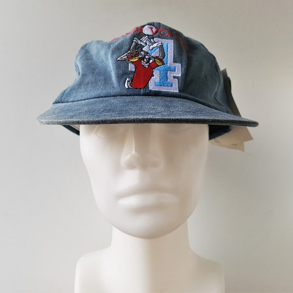 Vintage 90s Bugs Bunny 4 BEACH VOLLEY Strapback Dad Hat 1995 Looney Tunes Drab Blue Tone Unstructured AMCAP Baseball Cap - Deadstock Ballcap