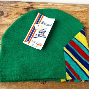 Vintage 1970s GORDINI Canada Green Wool Stripe Ski Beanie Hat - 70s Deadstock Winter Skiing Skull Cap - Made in Hong Kong Retro Ski Headwear