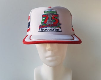 Vintage 80s CFL 75th Grey Cup Celebration 1987 Vancouver Trucker Hat 3 Stripe Mesh Snapback Baseball Cap ER0423 Canadian Football Wilson M/L