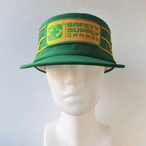 Rare Vintage 70s SAFETY SUPPLY CANADA Pillbox Trucker Hat Yellow Striped Green Mesh Snapback Promo Patch Cap Yupoong Retro Ballcap