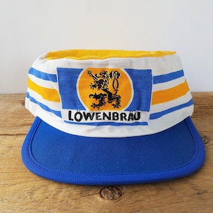 Vintage 80s LÖWENBRÄU BEER Painter Hat Retro Stripe Universal Industries Inc. Rare Promotional Pillbox Elasticized Cap German Anheuser-Busch