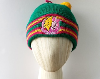 Vintage Disney POOH & PIGLET Beanie Cuffed Winter Hat - Tassel Pom Pom Knit Acrylic Toque - Winnie The Pooh