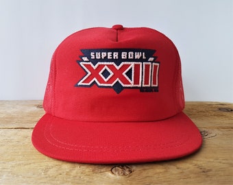 Vintage 80s Super Bowl XXIII 1988 Football Trucker Hat Made in USA Red Mesh Snapback Cap San Francisco 49ers Cincinnati Bengals Winston