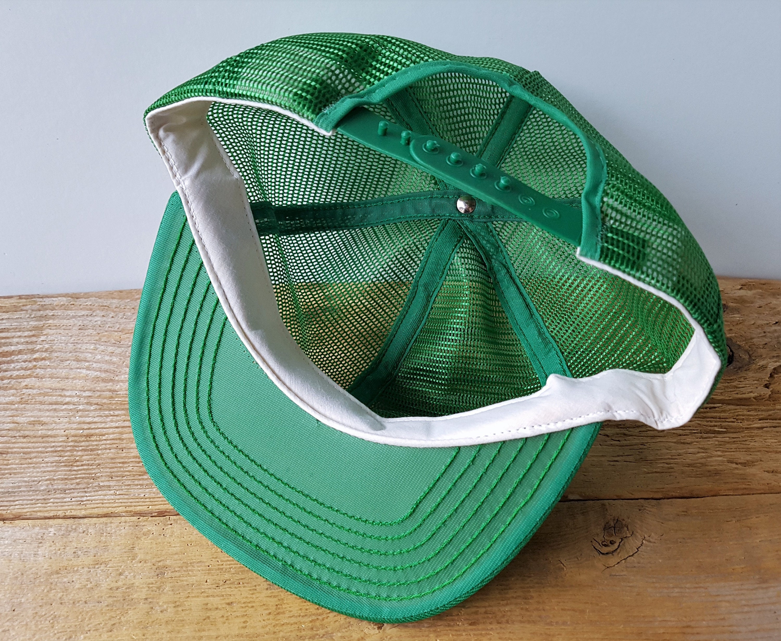 Vintage 80s Full Mesh Green Trucker Hat - Blank, Deadstock Made in USA by Semco - Snapback Farmer Baseball Cap - 1970s 1980s NOS Ballcap