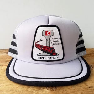 Vintage 80s CP RAIL Alberta South Division &#39;Think Safety&#39; Trucker Hat - 3 Stripe Mesh Snapback Cap - Canadian Train Railcar Patch GT Lanning