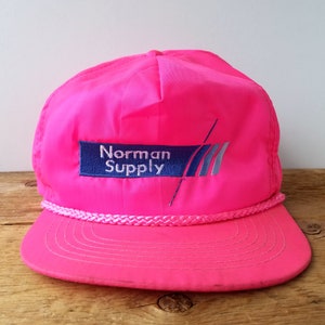 Vintage 90s NORMAN SUPPLY Pink Neon Rope Lined Zipback Hat - Used Distressed Embroidered Fluorescent Baseball Cap - Ama Pro Hipster Ballcap