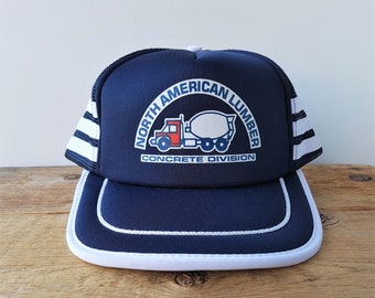 Vintage 80s NORTH AMERiCAN LUMBER 3 Stripe Trucker Hat - CONCRETE DiVISION Saskatchewan Farmer Mesh Snapback Baseball Cap Cement Mixer Truck