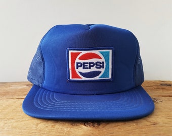 Vintage 80s PEPSI Original Blue Mesh Trucker Hat Classic Soda Pop Snapback Baseball Cap Cola Soft Drink Patch Promo Retro Polyester Ballcap