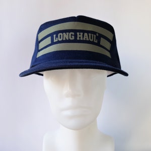 Vintage 80s LONG HAUL Reflective Trucker Snapback Hat Made in USA Foam Insulated Promo Baseball Cap Navy Fullback Ballcap