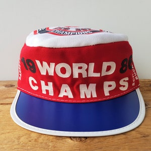 Vintage 80s Boston Red Sox 1986 WORLD CHAMPIONS Painter Hat Deadstock MLB Baseball Pillbox Cap Retro Striped Retro 1980s Champs Elasticized