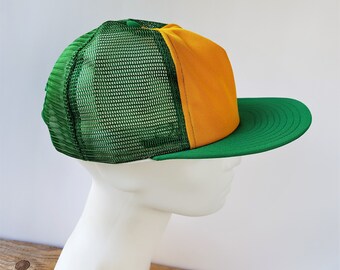 Vintage 70s 80s AJD Green Mesh Blank Yellow Trucker Hat Made