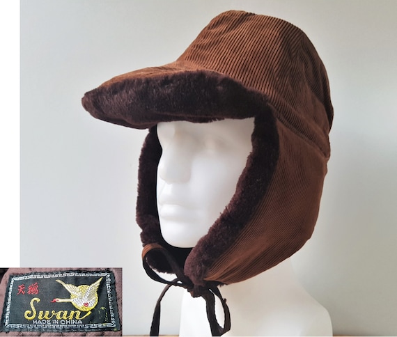 Brown and Tan Trapper Hat with Tie Up Ears and Brim Size Medium
