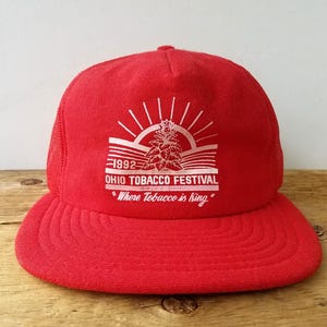 Rare Vintage 1992 OHiO TOBACCO FESTIVAL Trucker Hat - Made in USA - Red Mesh Snapback Farmer Baseball Cap - Screen Stars Best 90s Ballcap