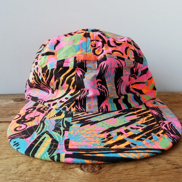Vintage 90s Abstract 5 Panel Neon Hat - Fresh Prince Wild Psychedelic Cycling Baseball Cap Skate Surf Bel-Air Elasticized Headline Headwear