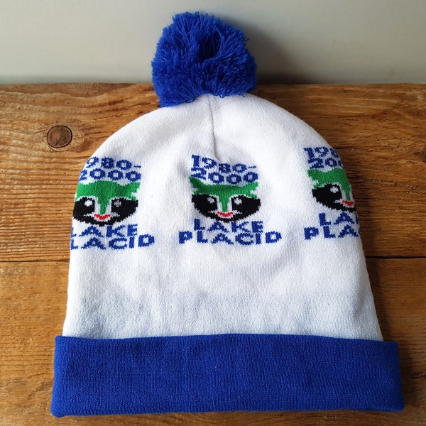 Vintage LAKE PLACiD 1980-2000 Olympic Winter Games Ski Beaine Hat Knit Toque Made in Canada - Roni the Raccoon '80 XIII Olympics Mascot