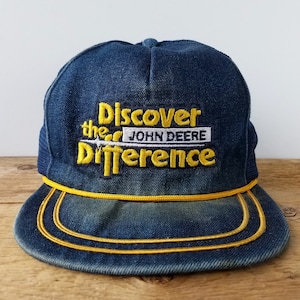Vintage 80s JOHN DEERE Discover the Difference Denim Trucker Hat - Mesh Snapback Victory Cap & Sportswear Rope Cap - Rare Faded Farmer Hat