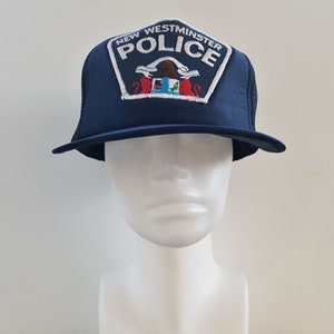 Vintage 80s NEW WESTMINSTER City Police Trucker Hat Defunct Logo Patch Original Navy Mesh Snapback Adjustable Baseball Cap British Columbia