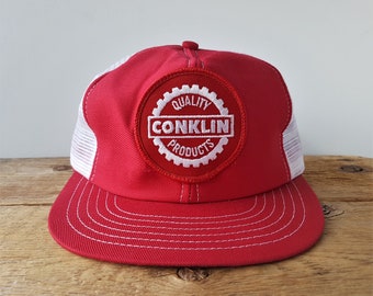 Vintage 80s CONKLIN Quality Products Trucker Hat Nomad Made in USA White Mesh Stitched Red Snapback Baseball Cap Original Patch Ballcap