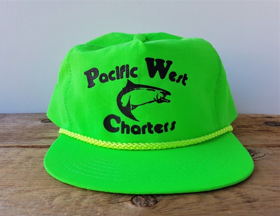 Vintage 90s PACIFIC WEST CHARTERS Green Neon Snapback Hat Fishing