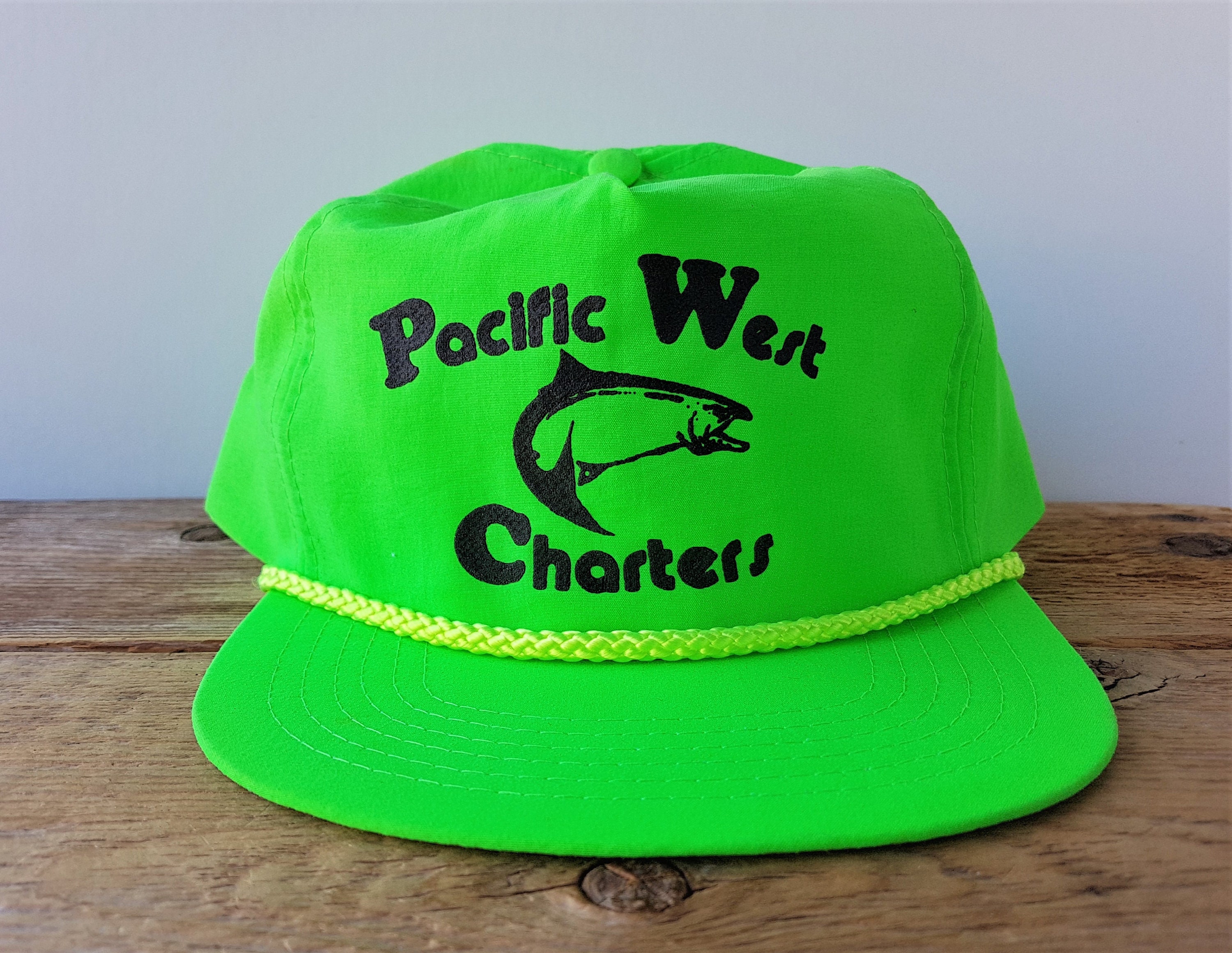 Vintage 90s PACIFIC WEST CHARTERS Green Neon Snapback Hat Fishing Tours  Defunct Promo Cap Rope Lined Headline Headwear Nylon Ballcap 