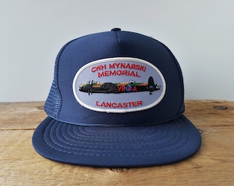 Vintage 80s LANCASTER Bomber Airplane Trucker Hat Canadian Warplane Heritage Museum Mynarski Memorial Patch Mesh Snapback Cap Designer Award