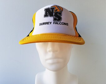 Vintage 80s NORTH SURREY FALCONS Minor Football Team Trucker Hat Black Mesh Snapback Retro Baseball Cap Wilson Ballcap British Columbia