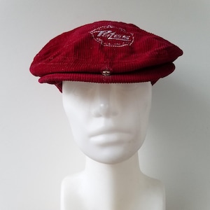 Vintage 80s PETERBOROUGH PETES Corduroy Flat Cap - OHL Major Jr Hockey Team Cabbie Newsboy Snapback Hat - Burgundy Gatsby Adjustable Cap
