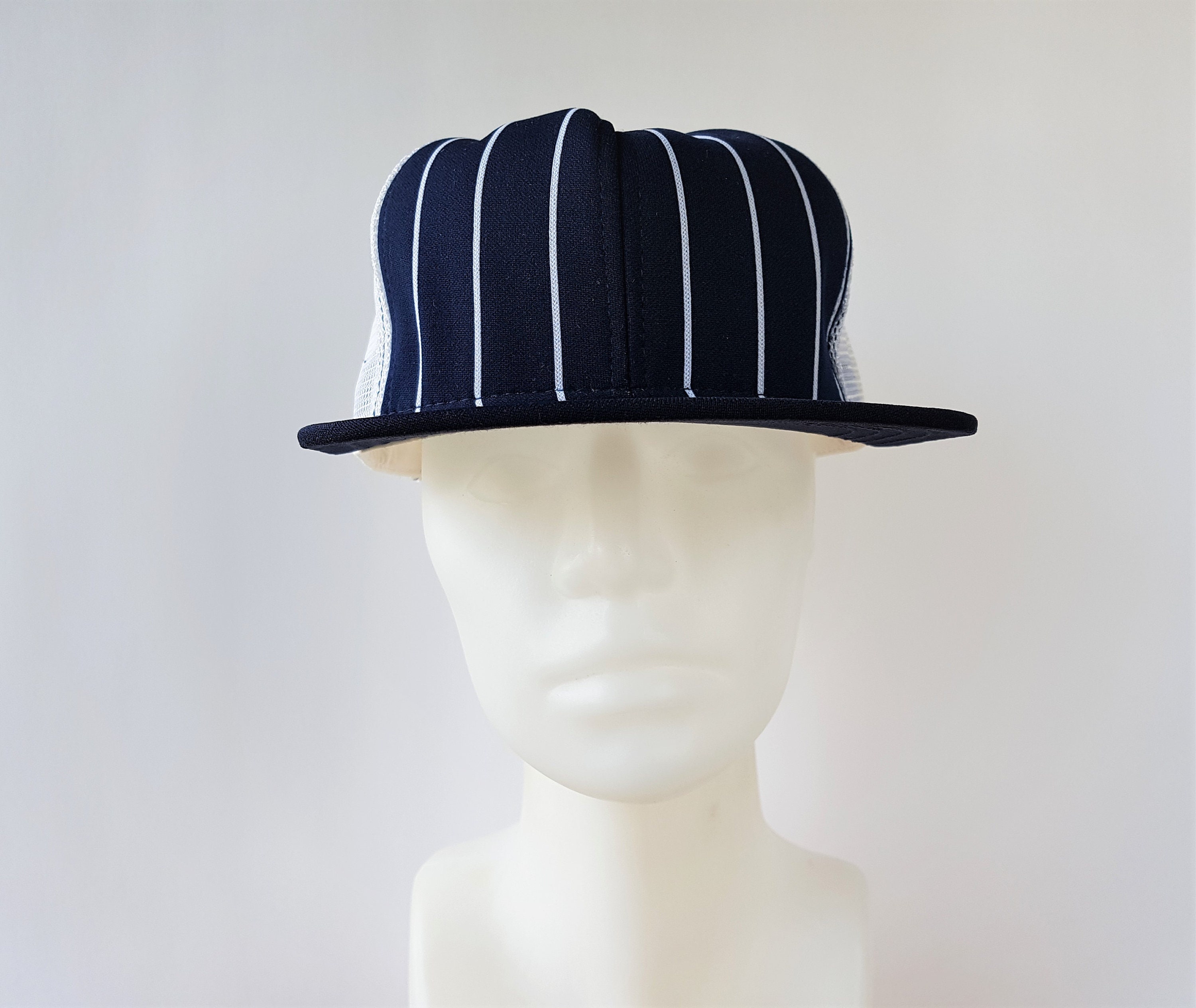 Vintage 70s 80s AJD Navy & White Pinstripe Blank Trucker Hat