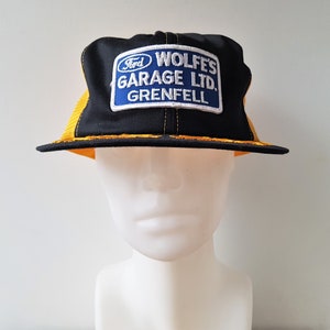 Vintage 80s FORD WOLFE&#39;S GARAGE Ltd. Grenfell Trucker Hat Golden Mesh Gold Leaf Laurel Snapback Promo Patch Baseball Cap Promo Wear Canada
