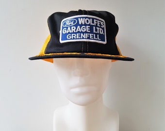 Vintage 80s FORD WOLFE'S GARAGE Ltd. Grenfell Trucker Hat Golden Mesh Gold Leaf Laurel Snapback Promo Patch Baseball Cap Promo Wear Canada