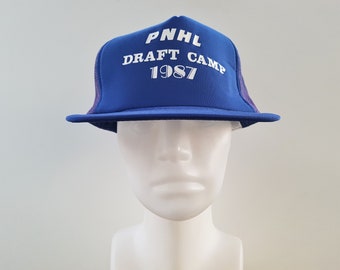 PNHL Draft Camp 1987 Trucker Hat Vintage 80s Blue Mesh Snapback Baseball Cap Defunct Pacific Northwest Hockey League Ballcap