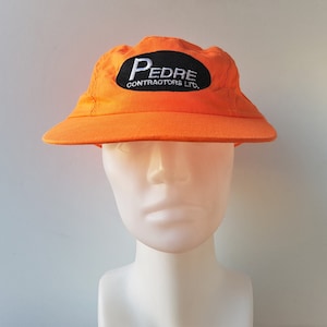 Vintage 90s PEDRE CONTRACTORS Ltd 5 Panel Hat - Orange Neon Adjustable Hook & Loop Baseball Cap - Bay City Sportswear Fluorescent Ballcap