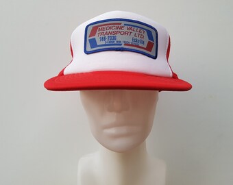 Vintage 80s MEDICINE VALLEY Transport Ltd. Trucker Hat - Red Mesh Company Patch Snapback Cap -Eckville Trucking Service Wilson Ballcap
