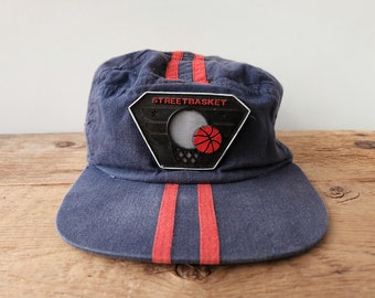 Vintage 80s Street Basket Snapback Hat, Distressed Blue Red Stripes Cotton Baseball Cap