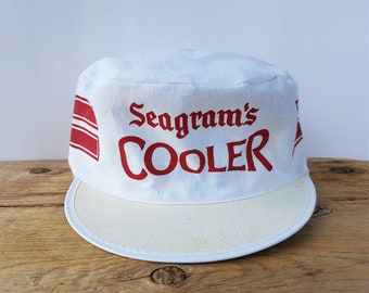Vintage 80er SEAGRAM'S COOLER Maler Hut Rot Streifen Deadstock Wein Alkohol Werbung Retro elastisch Pillbox Cap