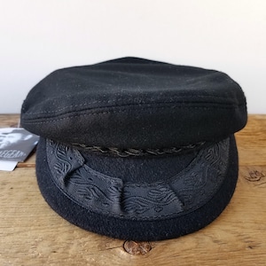Vintage Authentic Greek Fisherman&#39;s Cap AEGEAN International - Black Wool Biker Driver Hat - Made in Greece Winter Fiddler Style Sz M 7 1/8