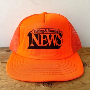 Vintage 80s Fishing & Hunting NEWS Trucker Hat - Blaze Orange Hunter Mesh Snapback Adjustable Baseball Cap - Yupoong Neon Retro Ballcap