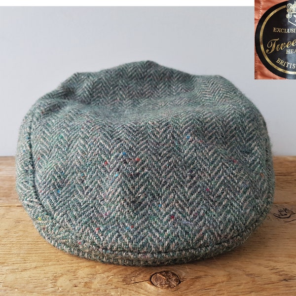 vintage TWEEDMILL Herringbone British Made Cabbie Wool Newsboy Hat - Tweed Drivers Flat Cap - Exclusive Headwear Countryside Sz Small 54 cm