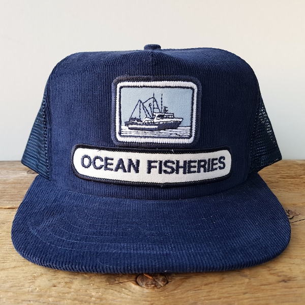 vintage années 80 OCEAN FISHERIES Corduroy Trucker Hat - Casquette de baseball réglable Snapback en maille bleu marine - Canned Seafood Company Retro Ballcap