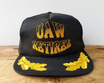 Vintage UAW RETIREE Snapback Hat - Made in USA - United Auto Workers Union Baseball Cap - Golden Laurel Scrambled Eggs Visor Trucker Ballcap