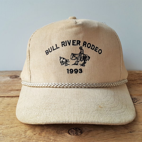 Vintage 1993 BULL RIVER RODEO Beige Corduroy Snapback Hat Rope Lined Embroidered Baseball Cap B.C. Kootenay Small Town Rare Souvenir Ballcap