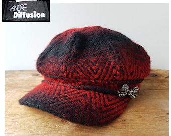 Vintage ANDRE DIFFUSION Red Black Zig Zag Wool Hat w/ Sparkly Bow Brooch - Newscap 8 Panel Newsboy Cap Montreal Canadian Boutique Designer