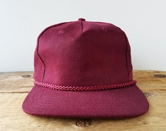 Vintage 90s Maroon Rope Lined Leather Strapback Hat - Blank Baseball Cap Minimal Plain Deadstock Flat Bill - No Logo Unisex KP Caps Brand