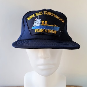 WHITE PASS TRANSPORTATION Frank H. Brown Vintage 80er Jahre Navy Foam Trucker Hysteresenhut Container Freight Ship Isolierte Baseball Cap Verstellbar