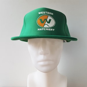 Vintage 80s WESTERN HATCHERY Green Full Foam Trucker Snapback Hat Adjustable Wilson M/L Cap Chickens Eggs Seed Farmer Original Ballcap